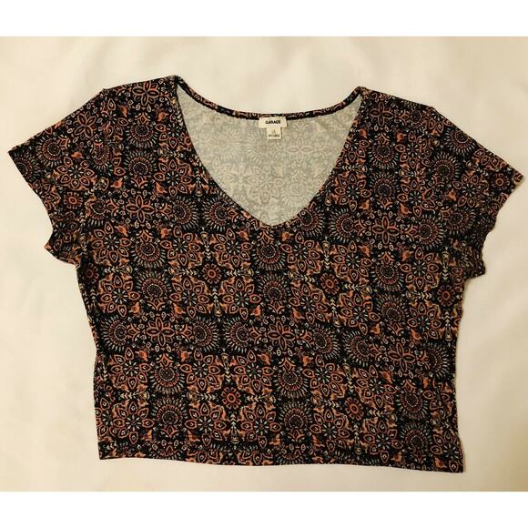 Garage Crop Top Women Sz L Multicolor Cap Sleeve Stretch V Neck Tee Shirt Casual - Picture 1 of 10